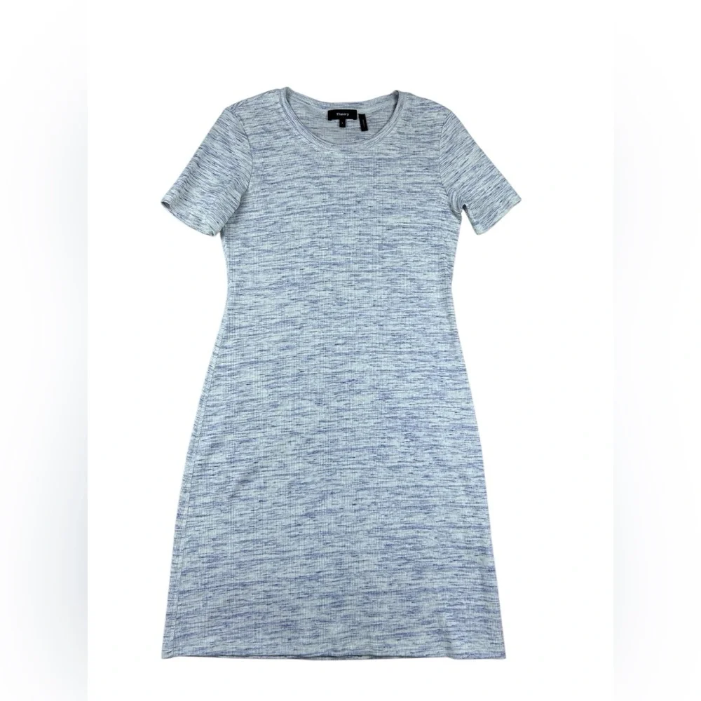Theory Heathered Blue and Heathered Cream Short Sleeve Mini Dress - Picture 15 of 15